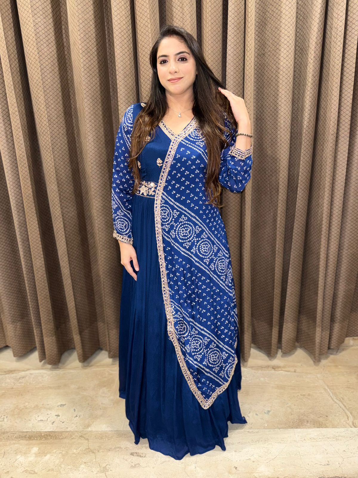 Blue Long Bandhani Dress with designer style & Handwork