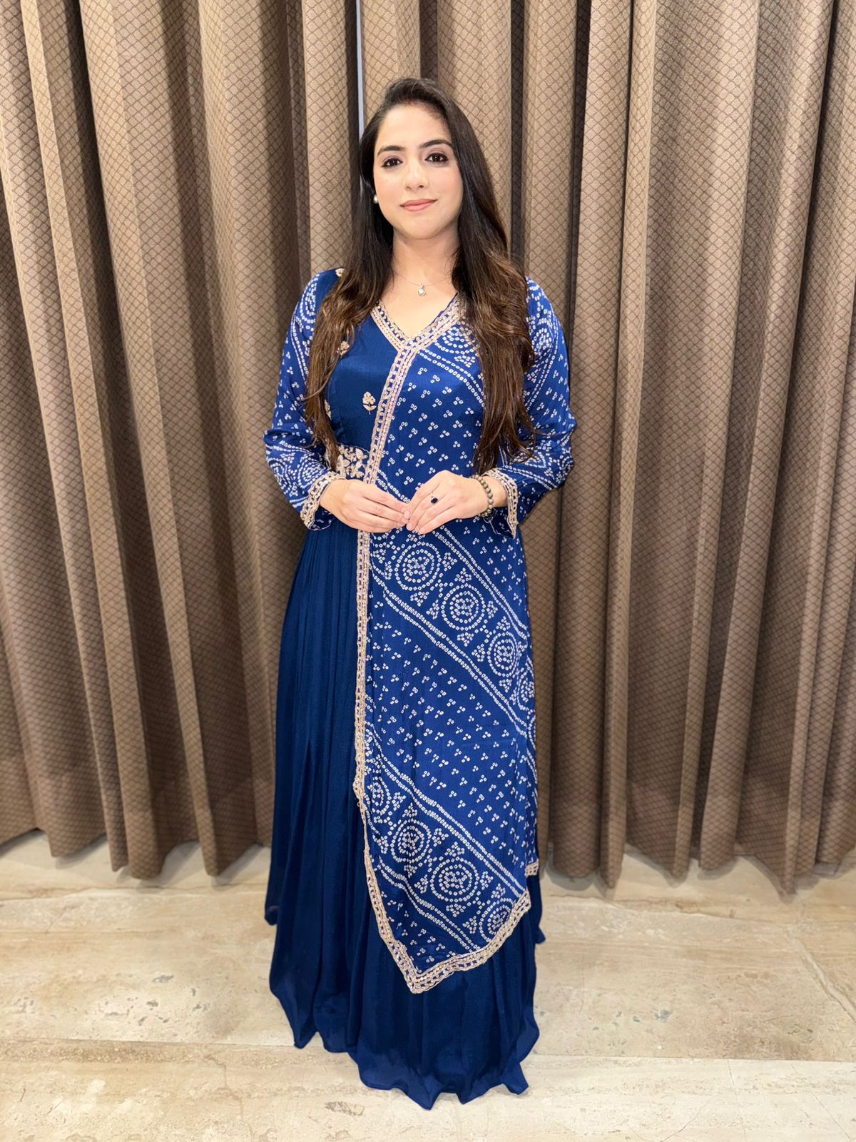 Blue Long Bandhani Dress with designer style & Handwork