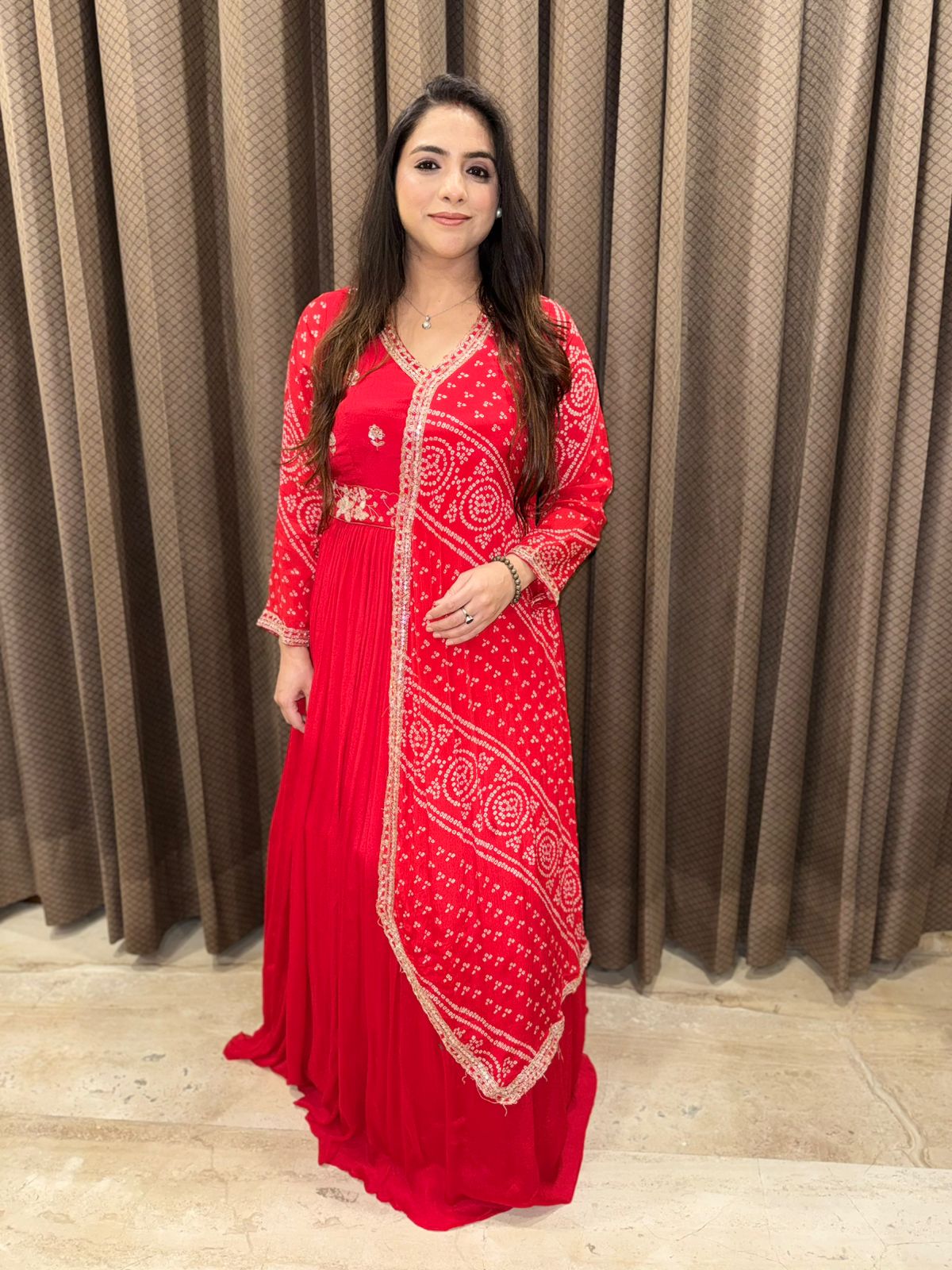 Red Long Bandhani Dress with designer style & Handwork