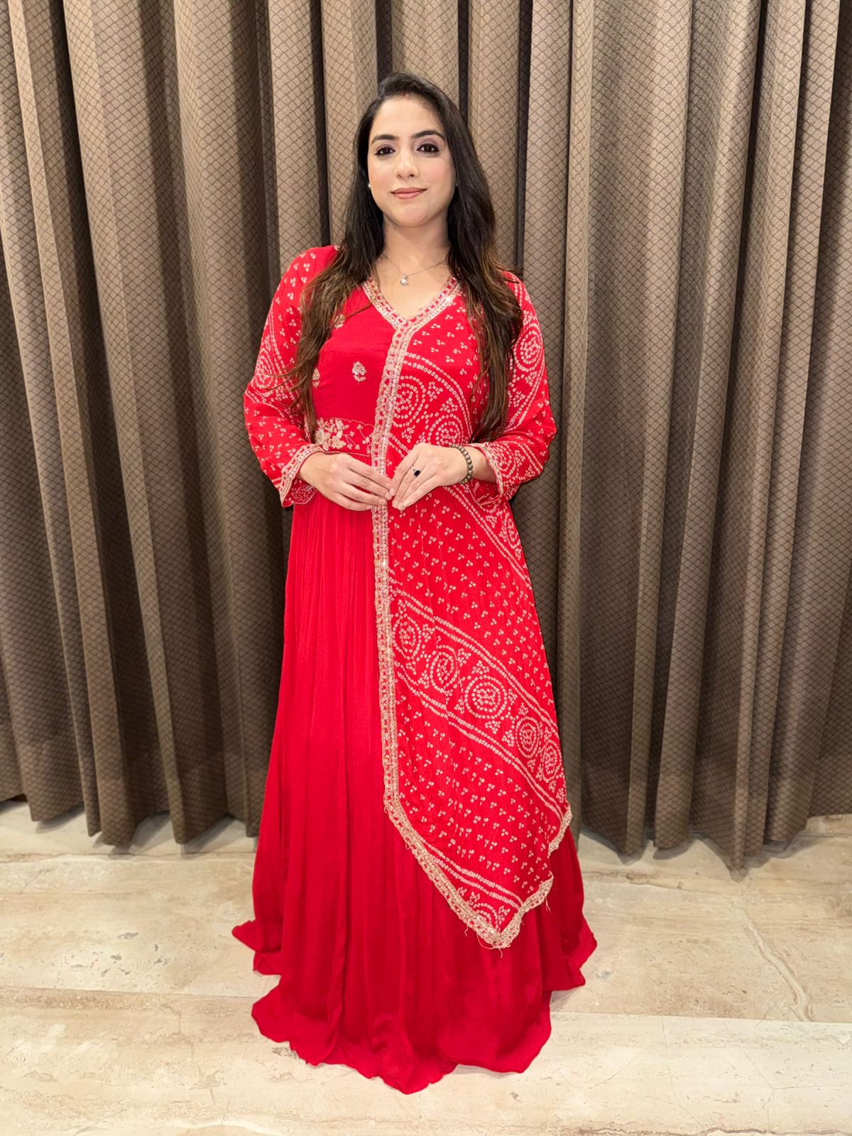 Red Long Bandhani Dress with designer style & Handwork