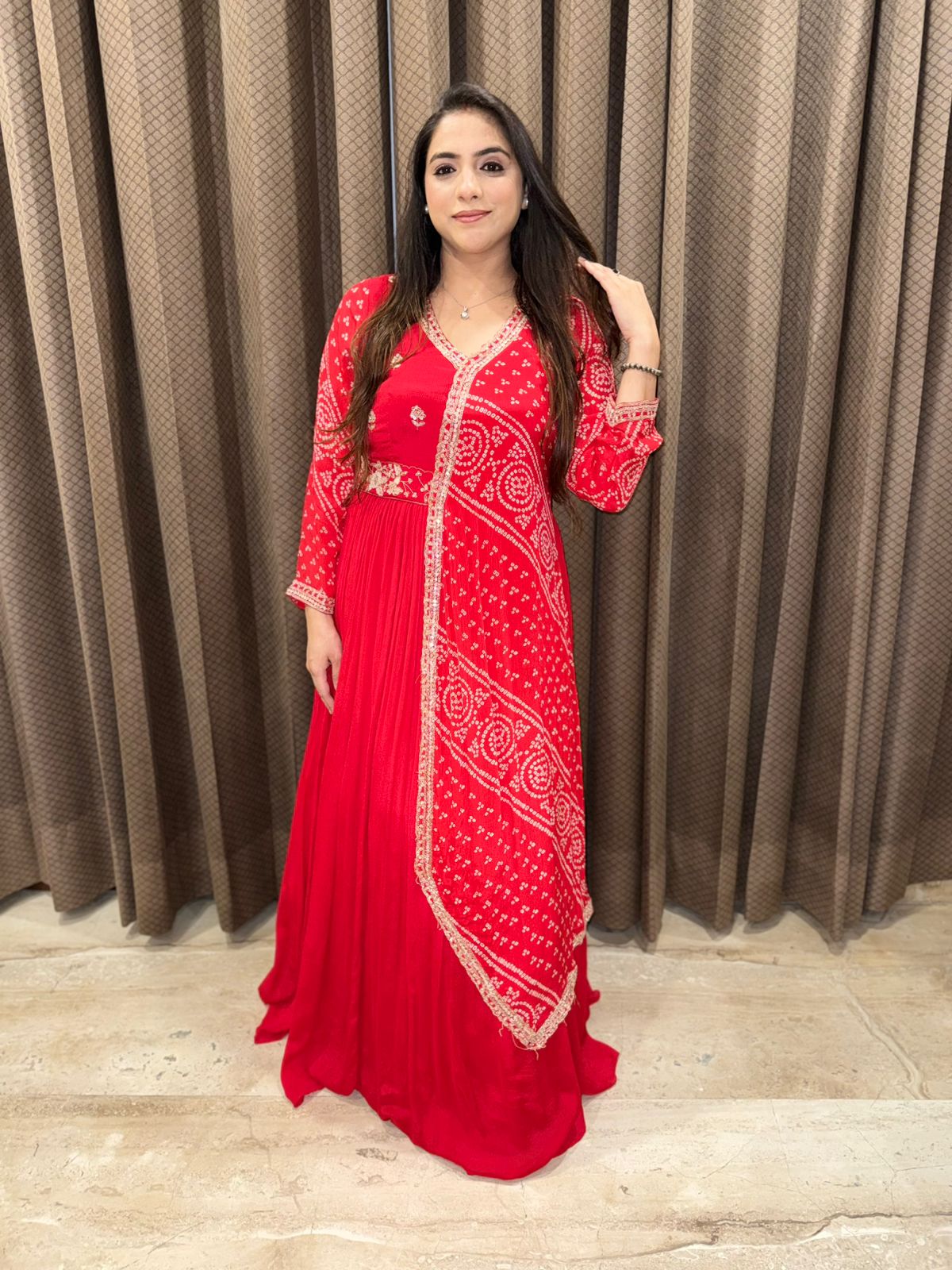 Red Long Bandhani Dress with designer style & Handwork
