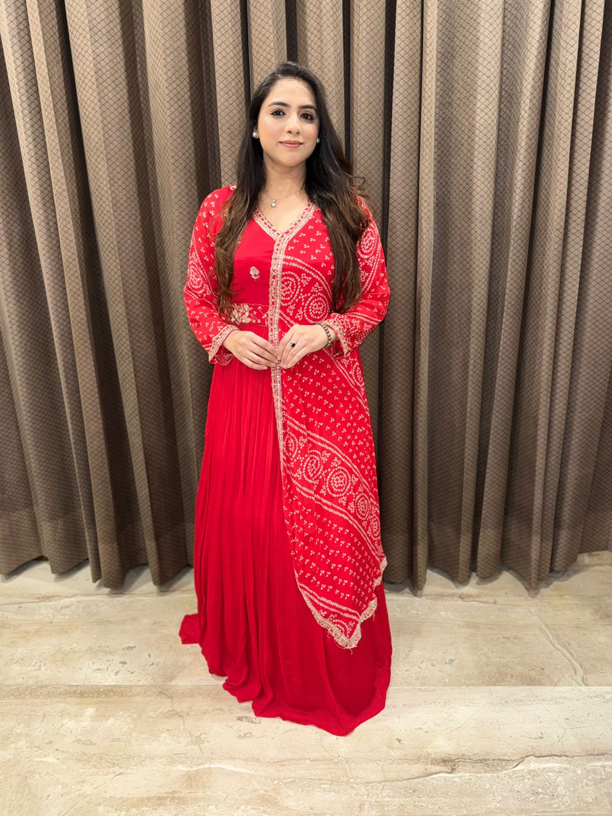 Red Long Bandhani Dress with designer style & Handwork