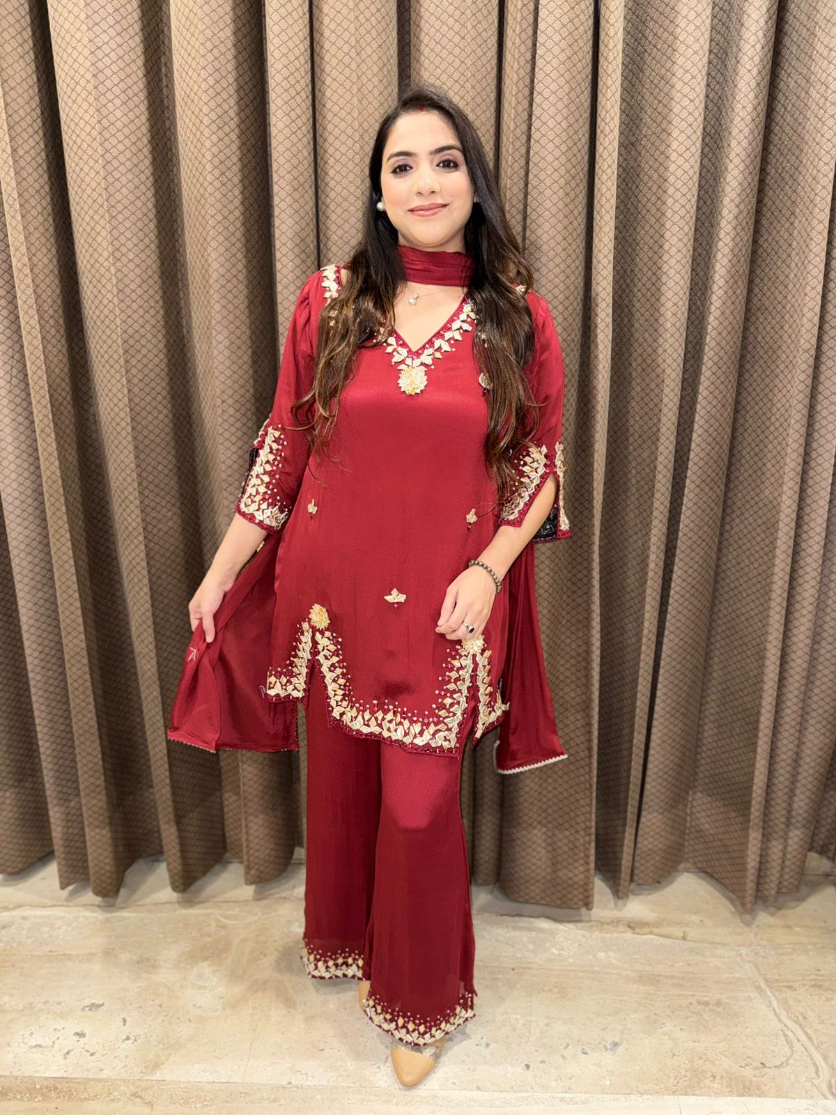 Maroon Designer Plazoo set with gotta patti work& dupatta