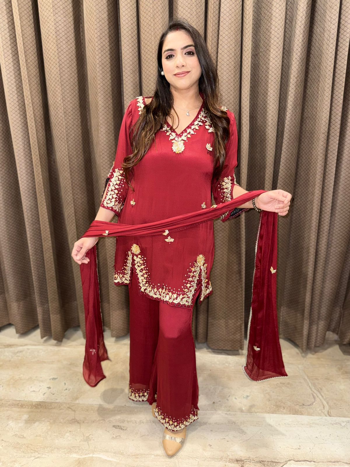 Maroon Designer Plazoo set with gotta patti work& dupatta