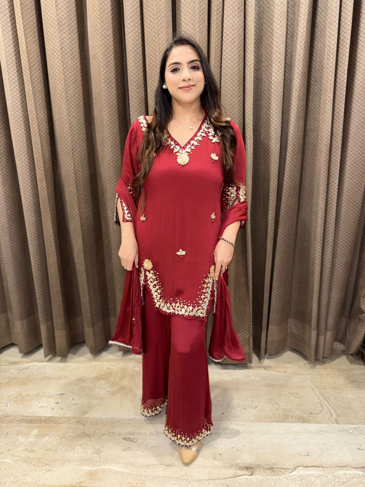 Maroon Designer Plazoo set with gotta patti work& dupatta