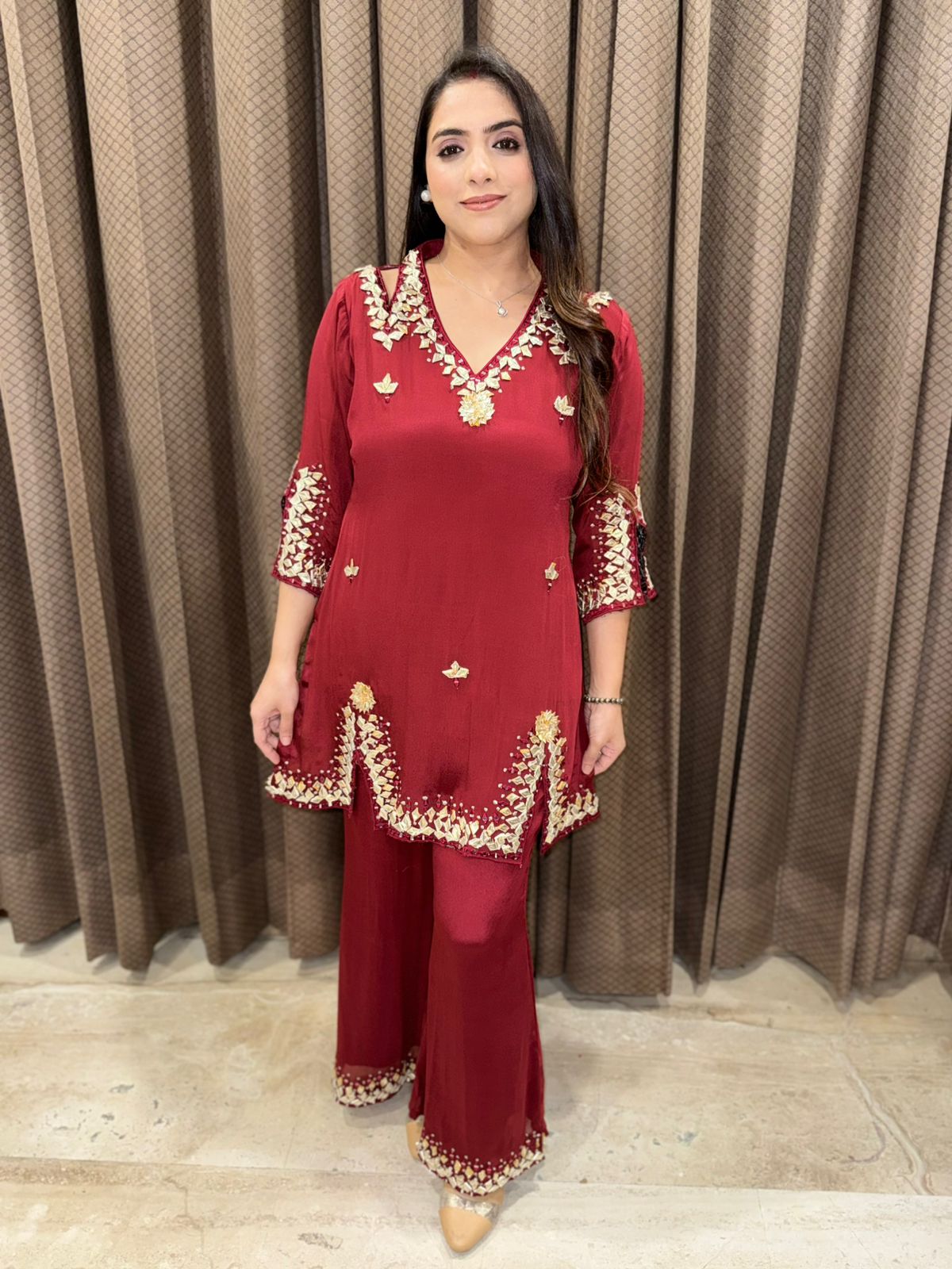 Maroon Designer Plazoo set with gotta patti work& dupatta