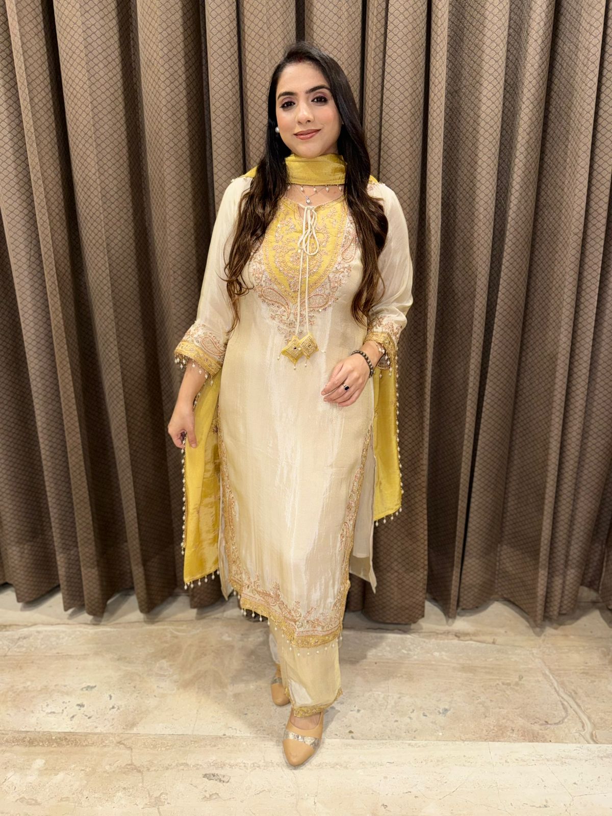 Yellow Designer Straight suit with handwork & dupatta
