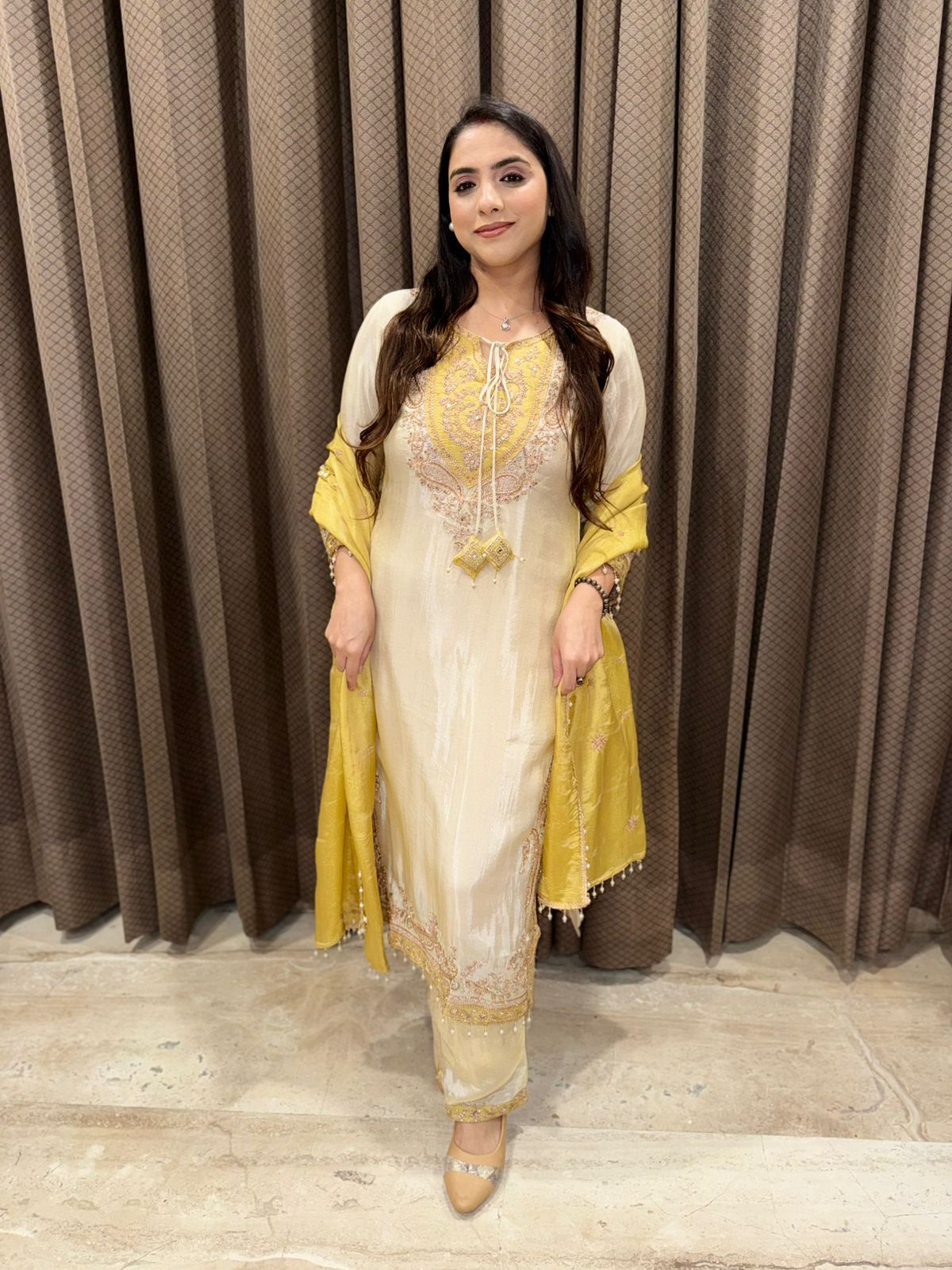 Yellow Designer Straight suit with handwork & dupatta
