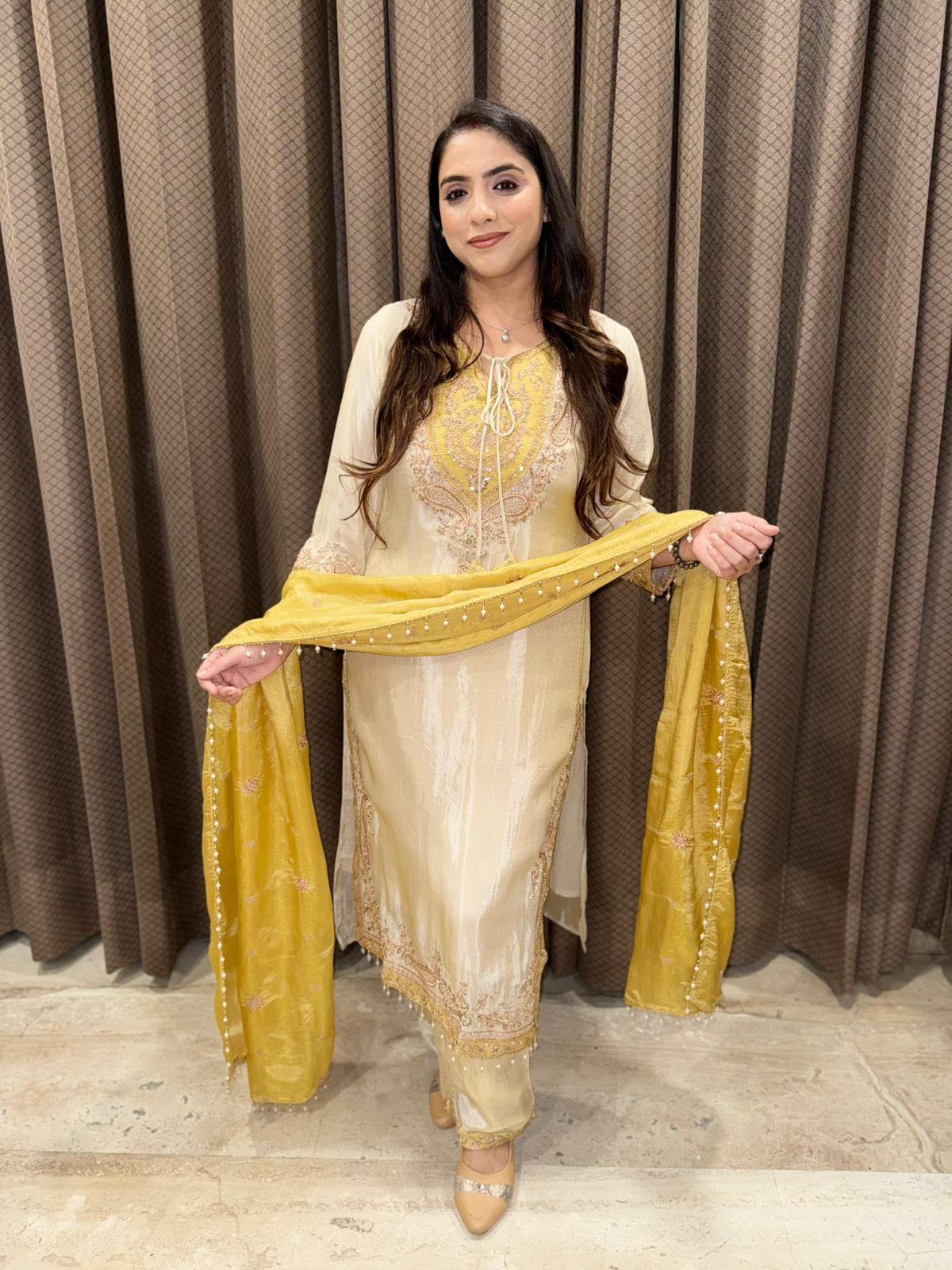 Yellow Designer Straight suit with handwork & dupatta