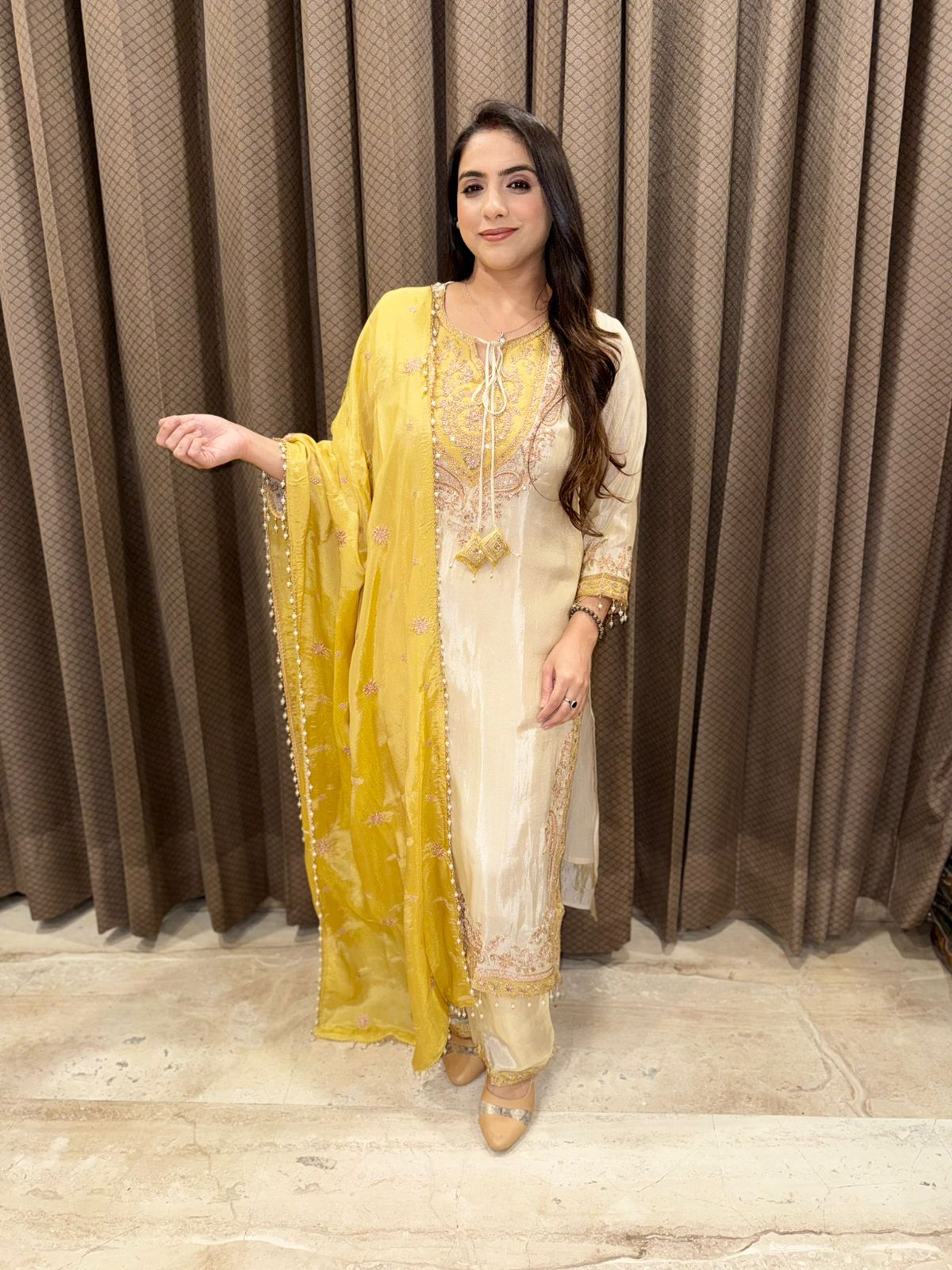 Yellow Designer Straight suit with handwork & dupatta