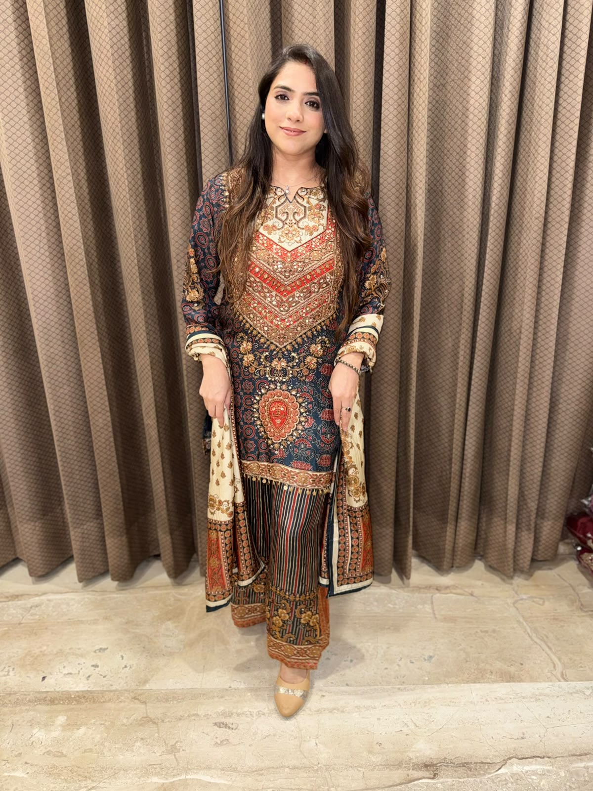 Blue designer Digital Suit set with contrast dupatta & handwork
