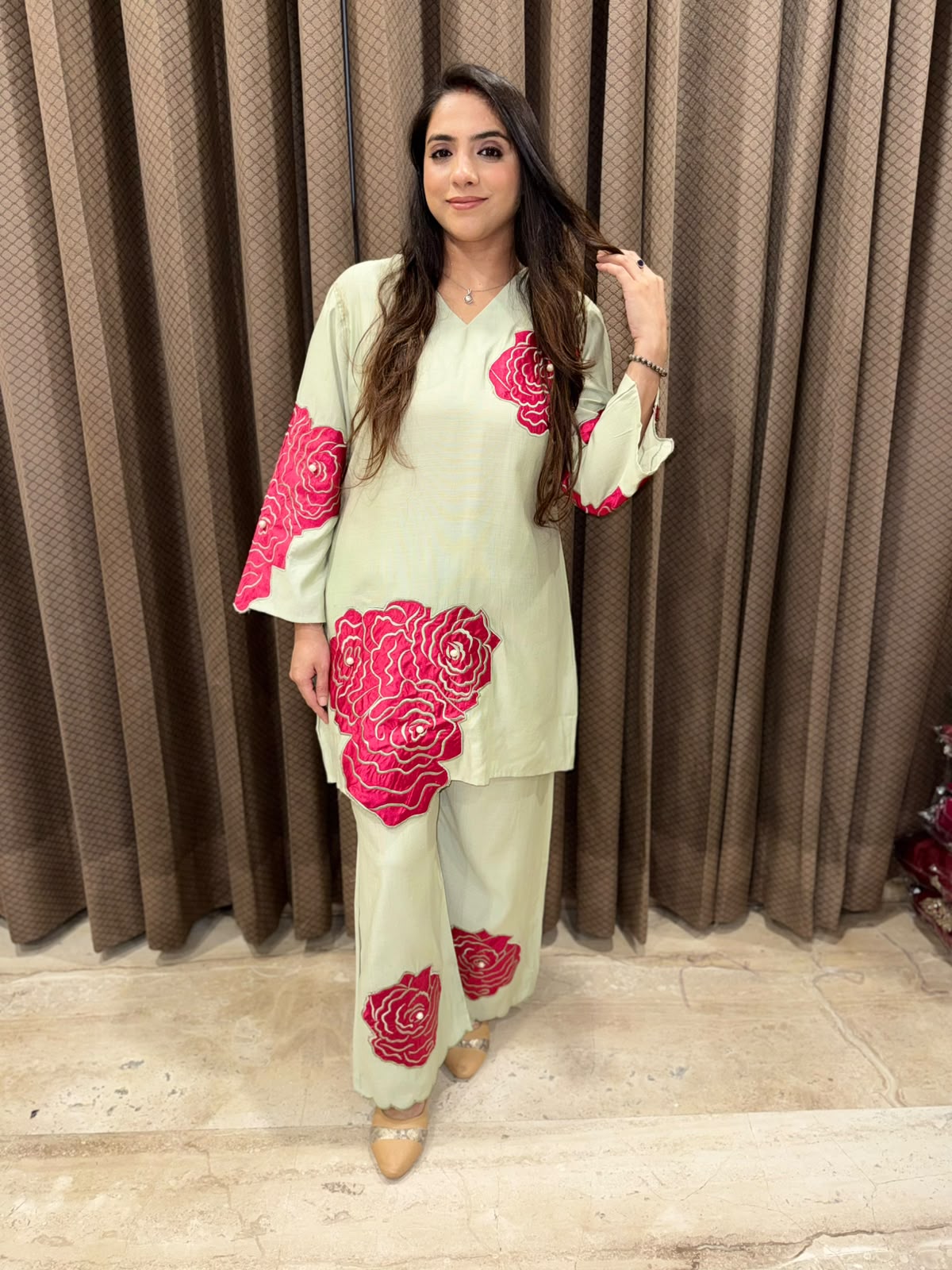Green Designer Co-ord set with applique flower work
