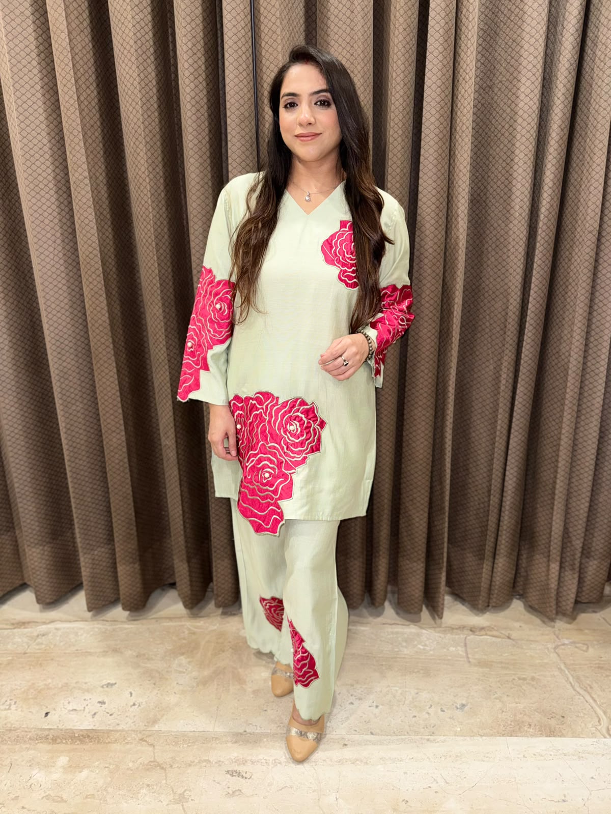 Green Designer Co-ord set with applique flower work