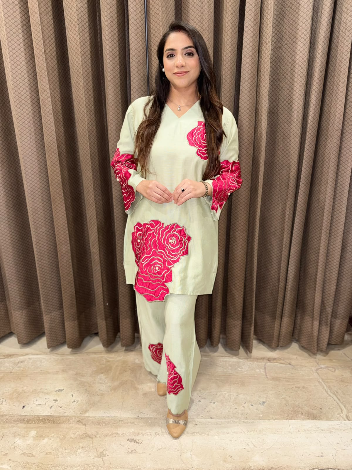 Green Designer Co-ord set with applique flower work