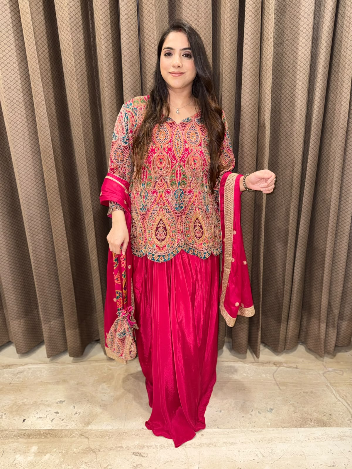 Pink Designer handwork Drape skirt set with dupatta & Potli