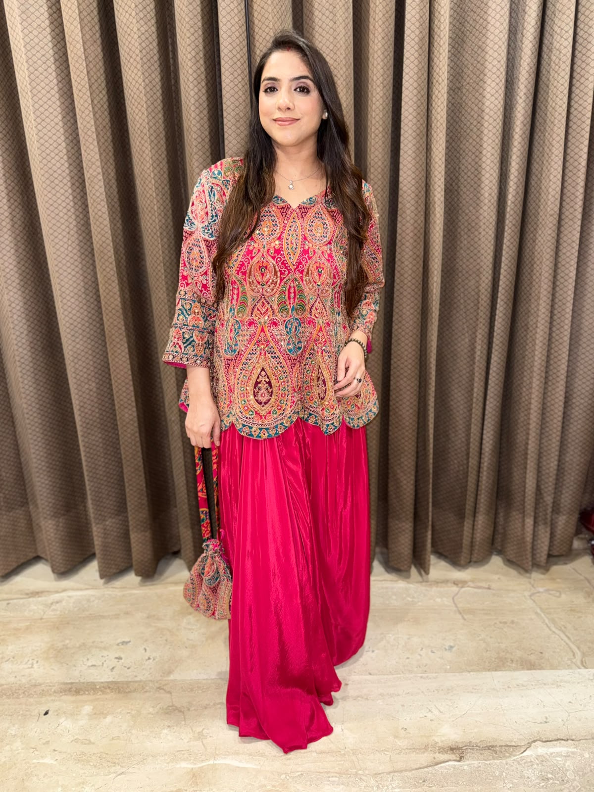 Pink Designer handwork Drape skirt set with dupatta & Potli