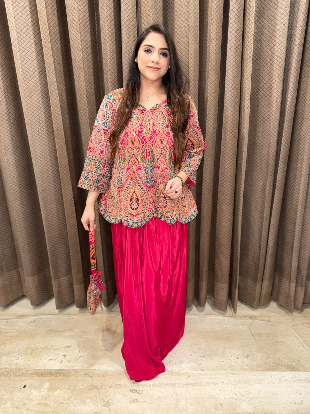Pink Designer handwork Drape skirt set with dupatta & Potli