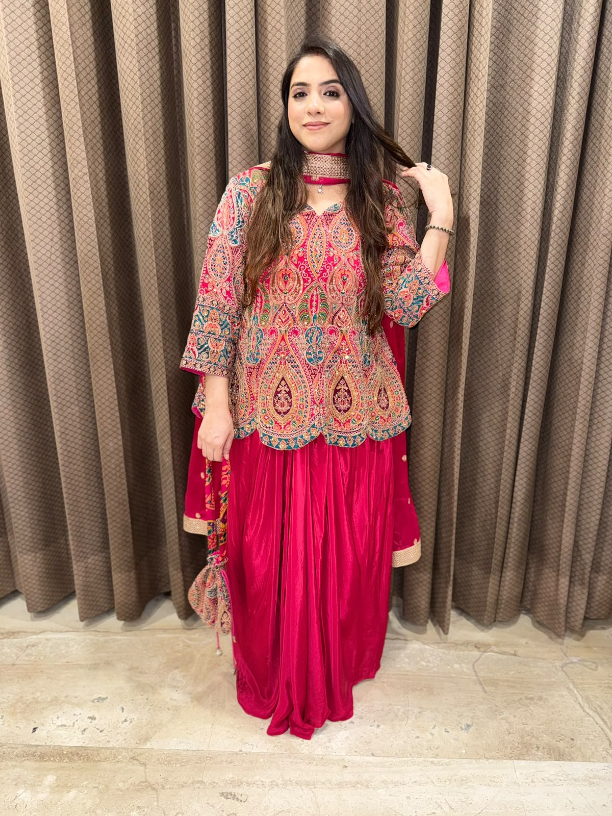 Pink Designer handwork Drape skirt set with dupatta & Potli