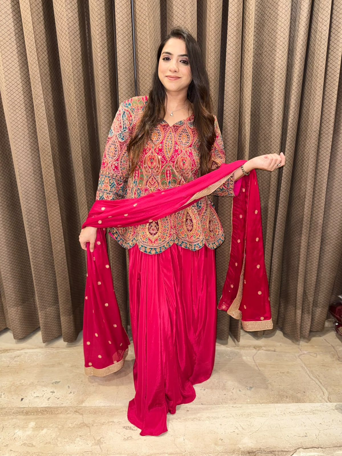 Pink Designer handwork Drape skirt set with dupatta & Potli
