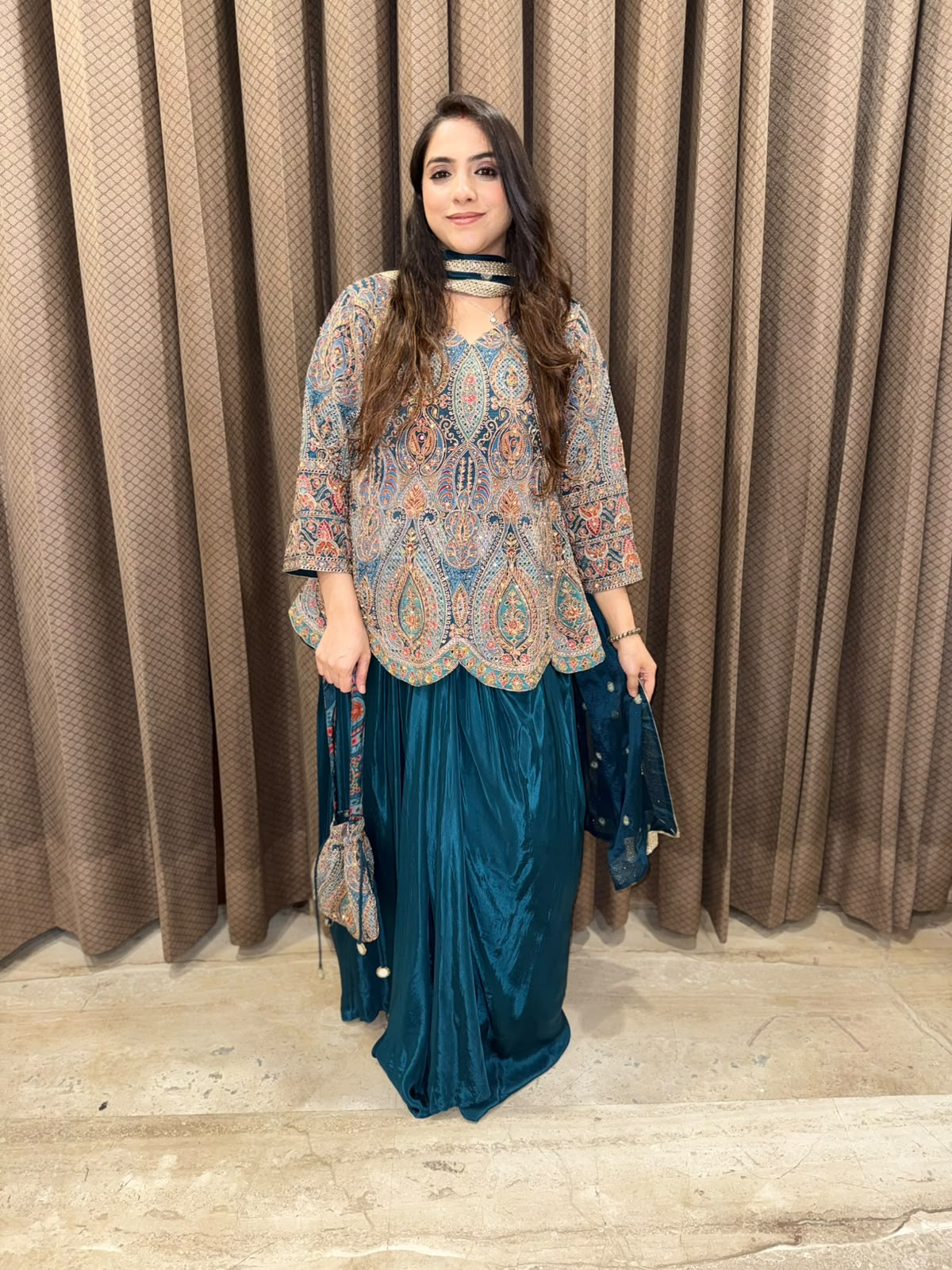 Blue Designer handwork Drape skirt set with dupatta & Potli