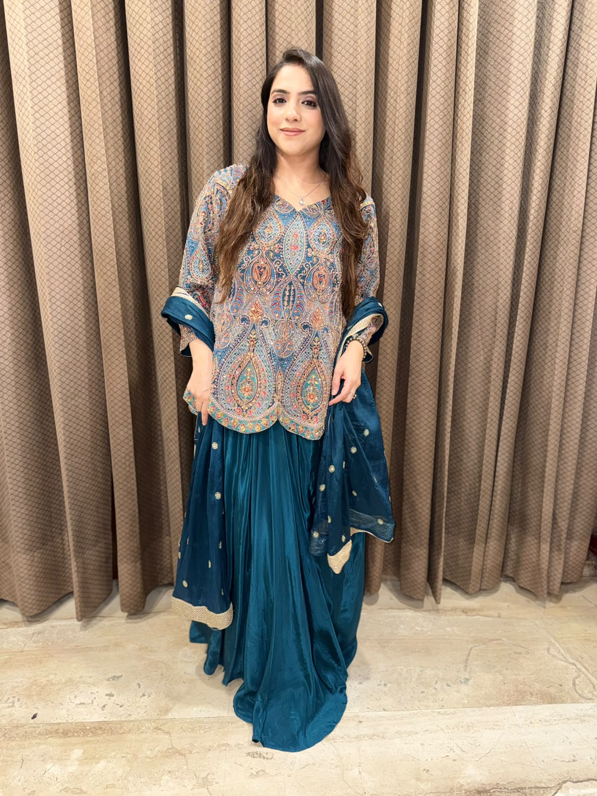 Blue Designer handwork Drape skirt set with dupatta & Potli