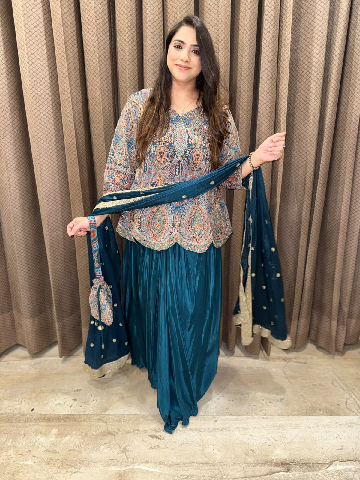 Blue Designer handwork Drape skirt set with dupatta & Potli