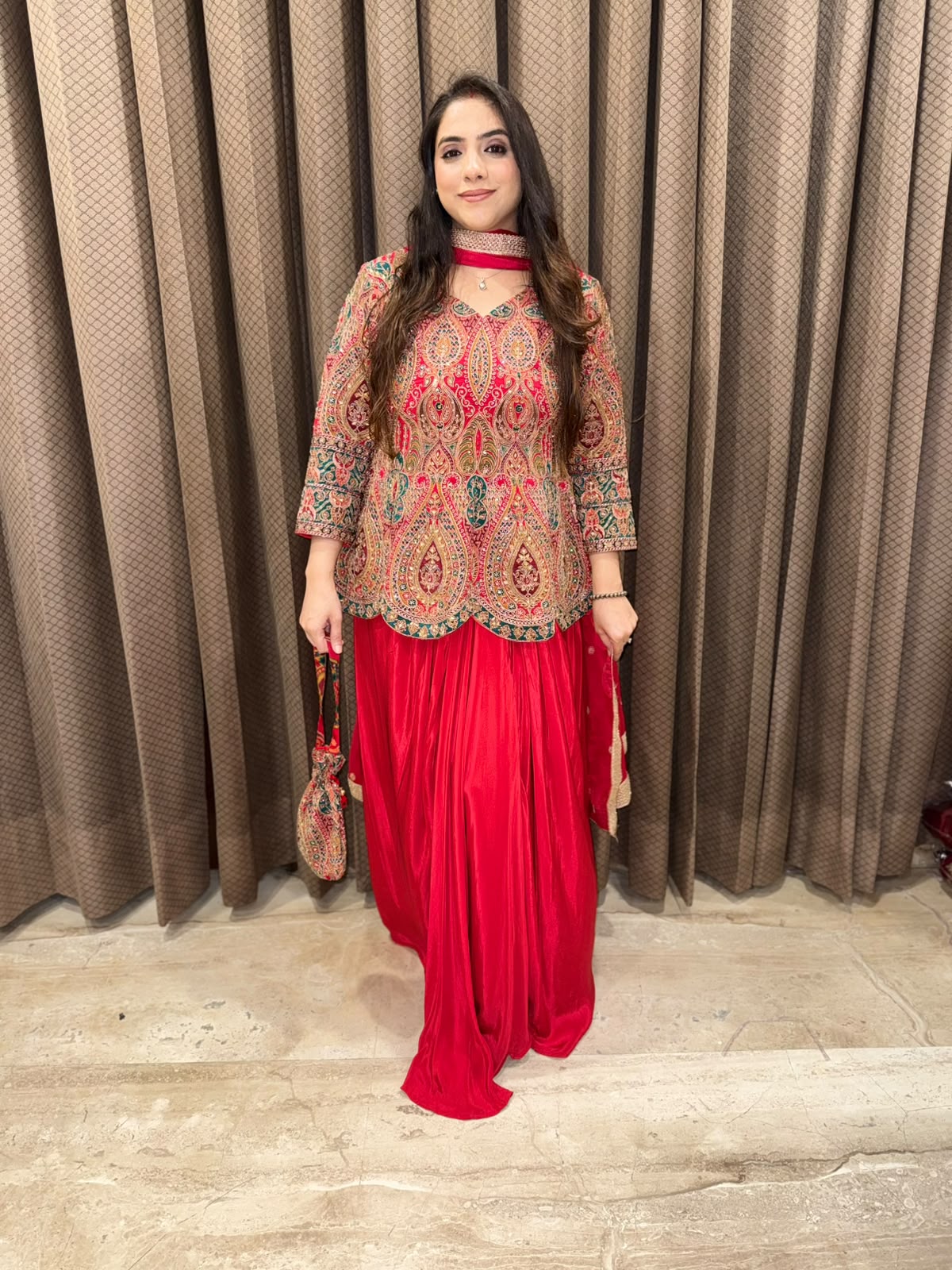 Red Designer handwork Drape skirt set with dupatta & Potli