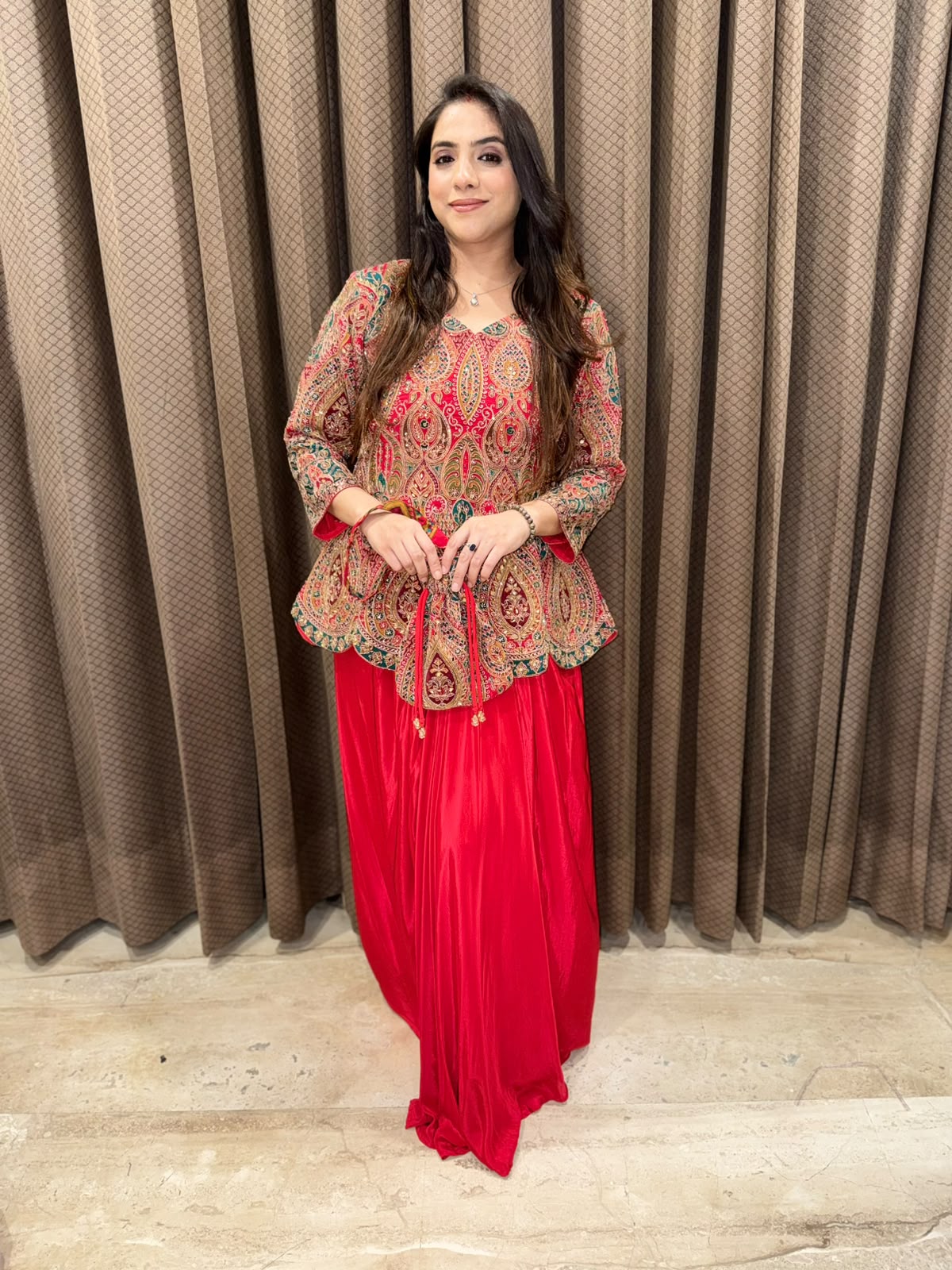 Red Designer handwork Drape skirt set with dupatta & Potli