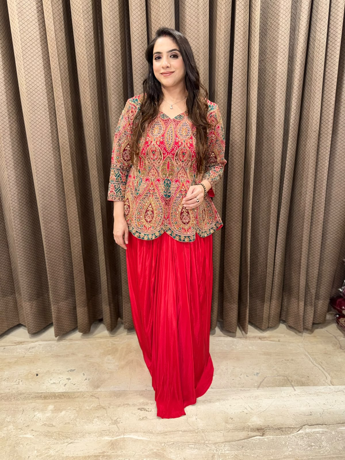 Red Designer handwork Drape skirt set with dupatta & Potli
