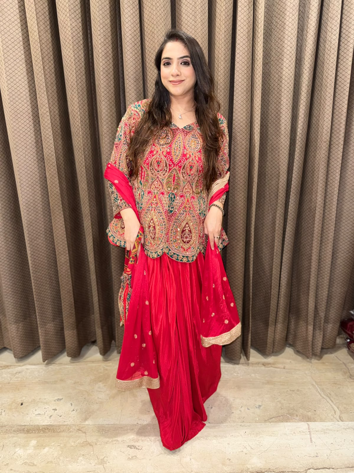 Red Designer handwork Drape skirt set with dupatta & Potli