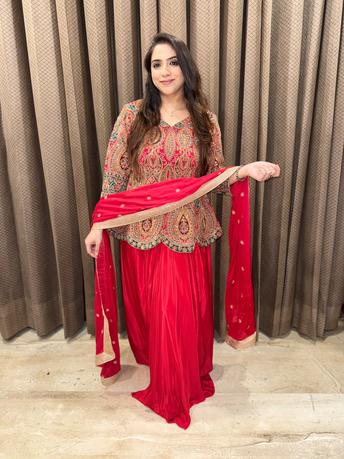 Red Designer handwork Drape skirt set with dupatta & Potli