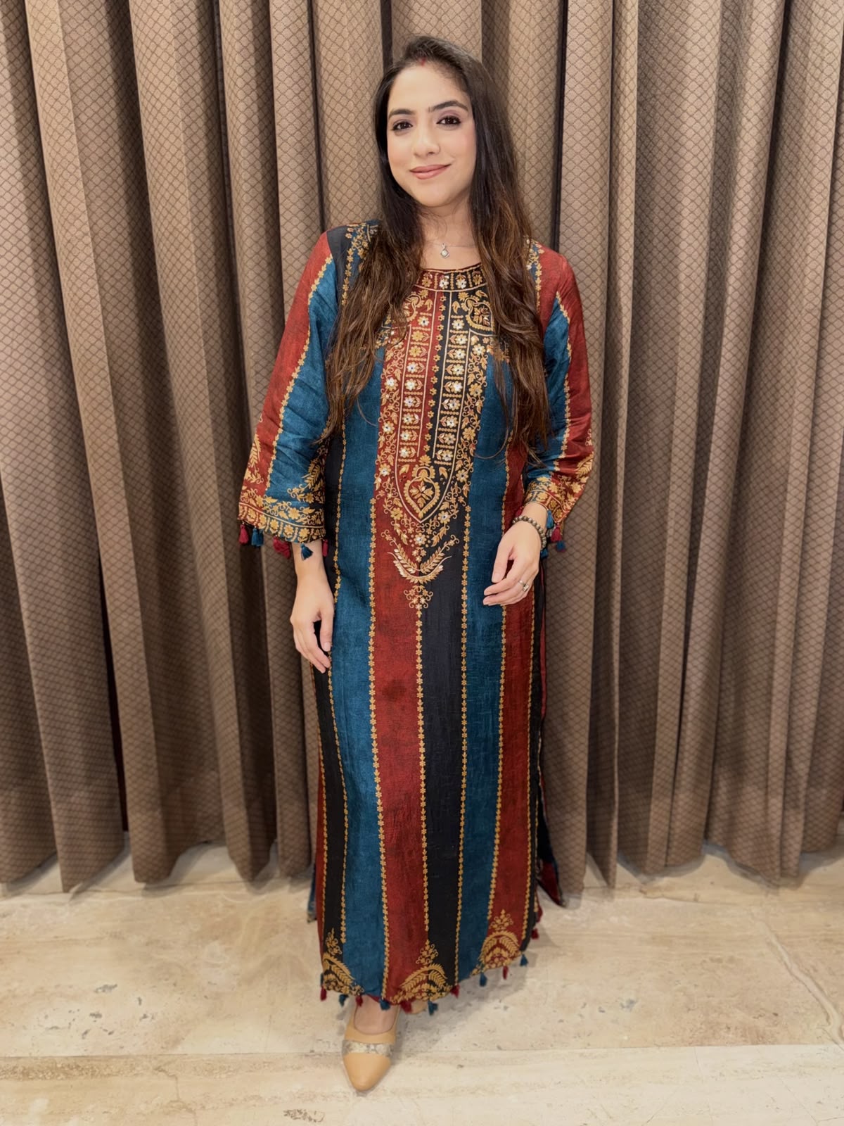 Blue Designer digital long dress set with handwork