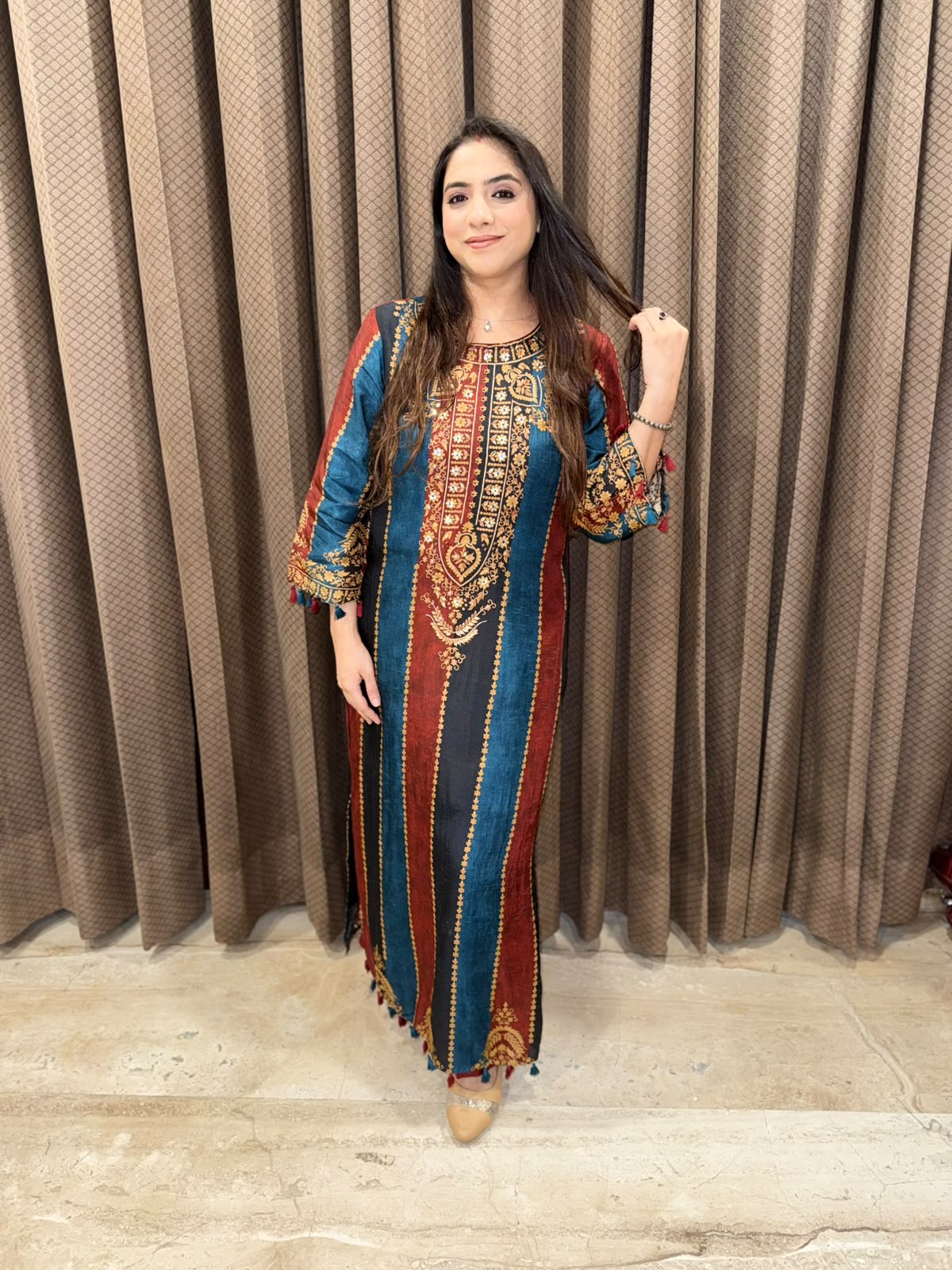 Blue Designer digital long dress set with handwork