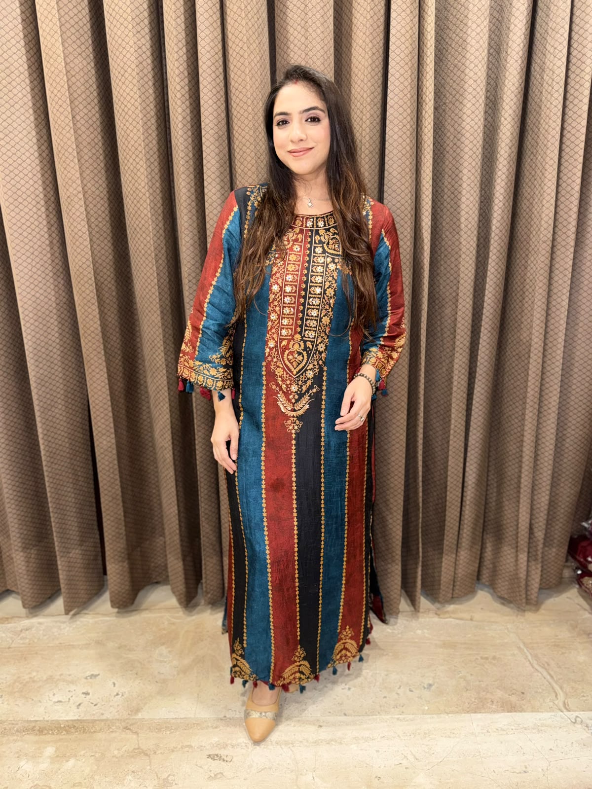 Blue Designer digital long dress set with handwork