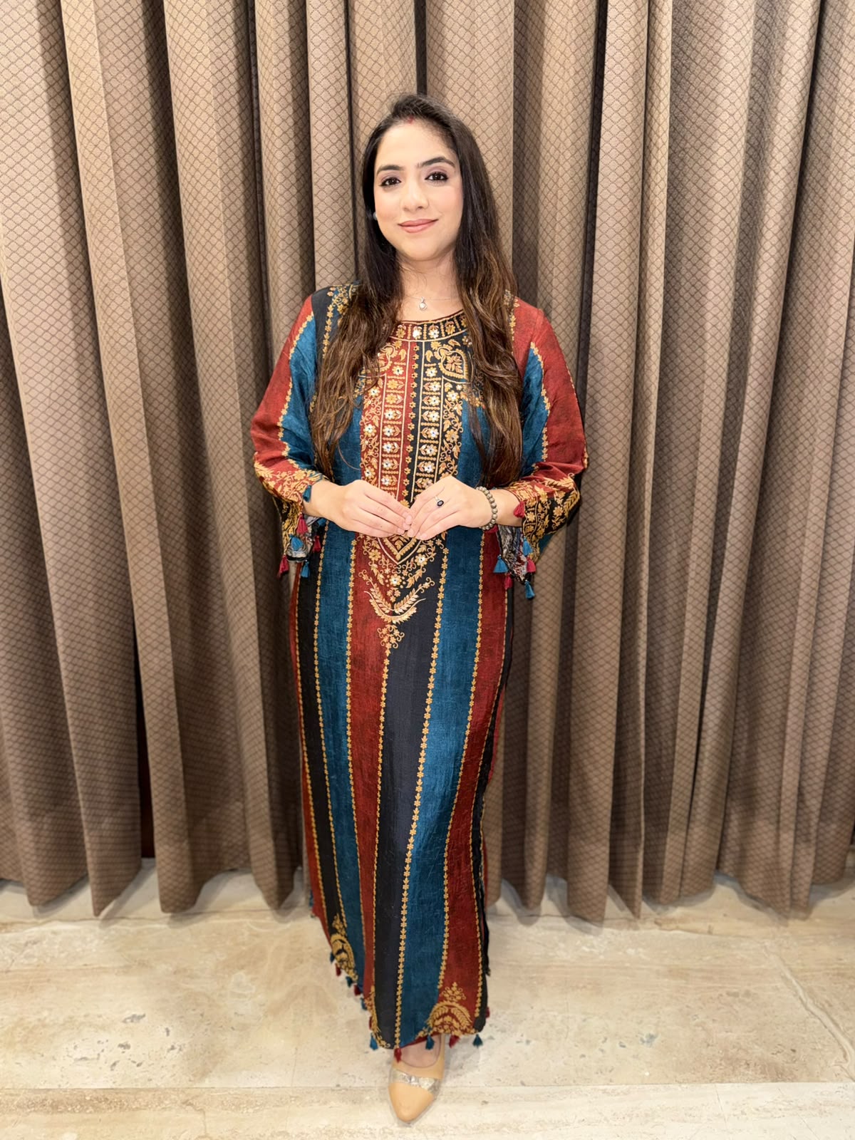 Blue Designer digital long dress set with handwork
