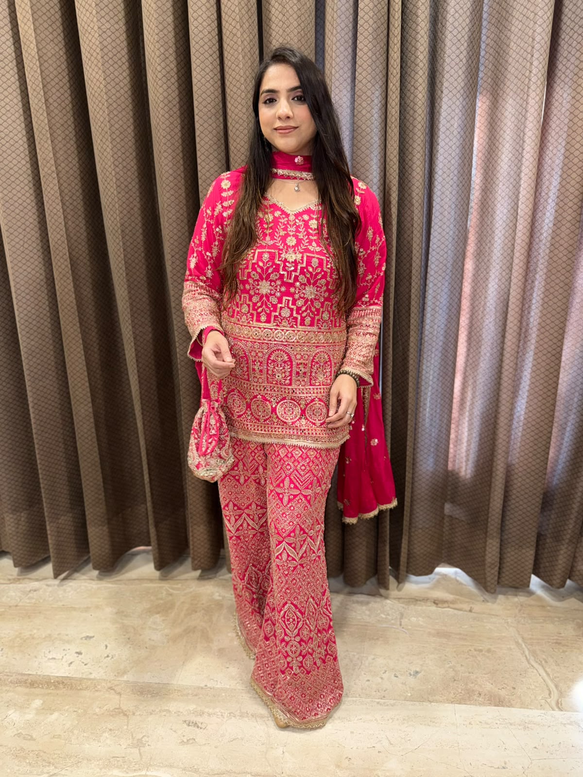 Magenta Designer handwork Plazoo set with dupatta & Potli