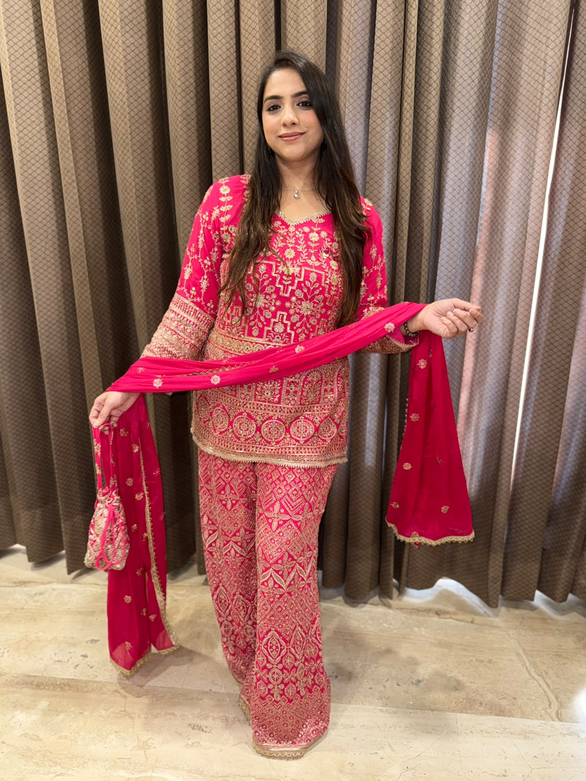 Magenta Designer handwork Plazoo set with dupatta & Potli