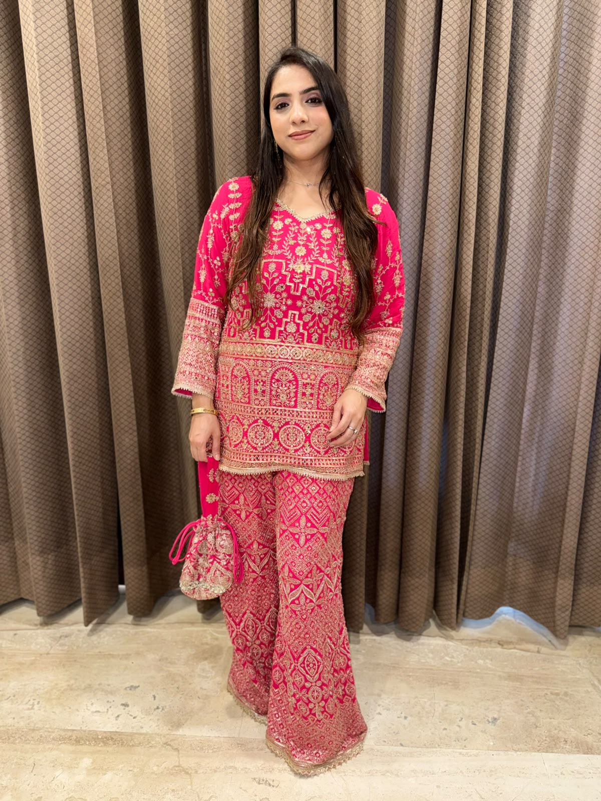 Magenta Designer handwork Plazoo set with dupatta & Potli