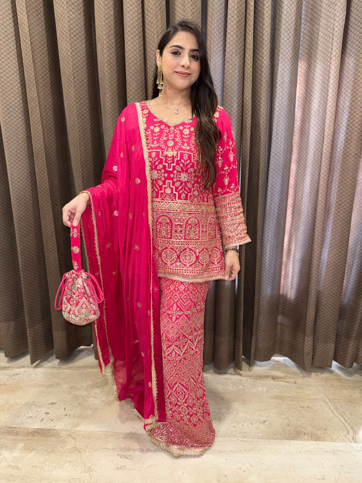 Magenta Designer handwork Plazoo set with dupatta & Potli