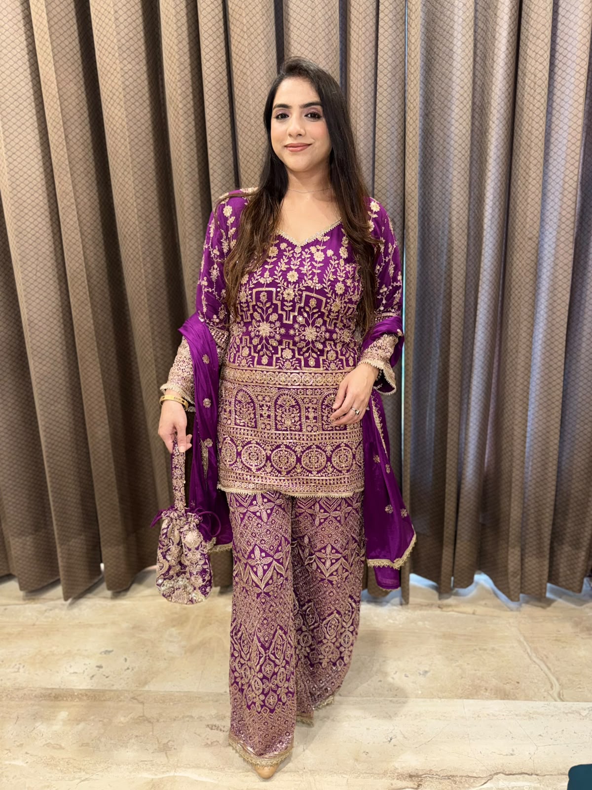 Purple Designer handwork Plazoo set with dupatta & Potli