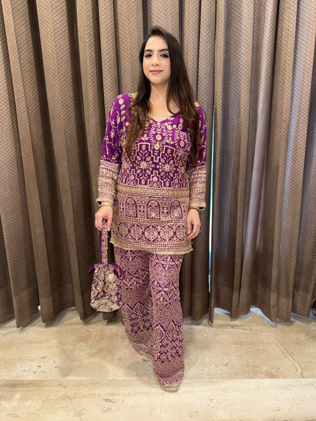 Purple Designer handwork Plazoo set with dupatta & Potli