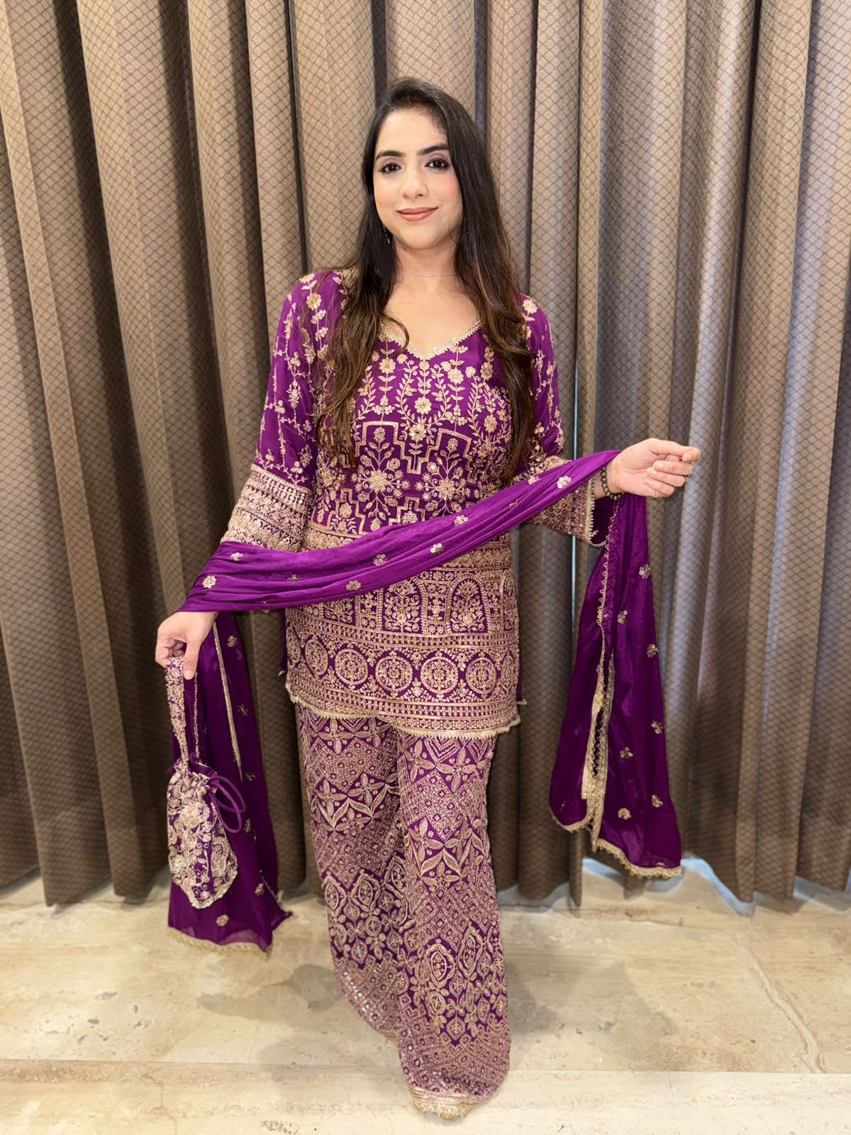 Purple Designer handwork Plazoo set with dupatta & Potli