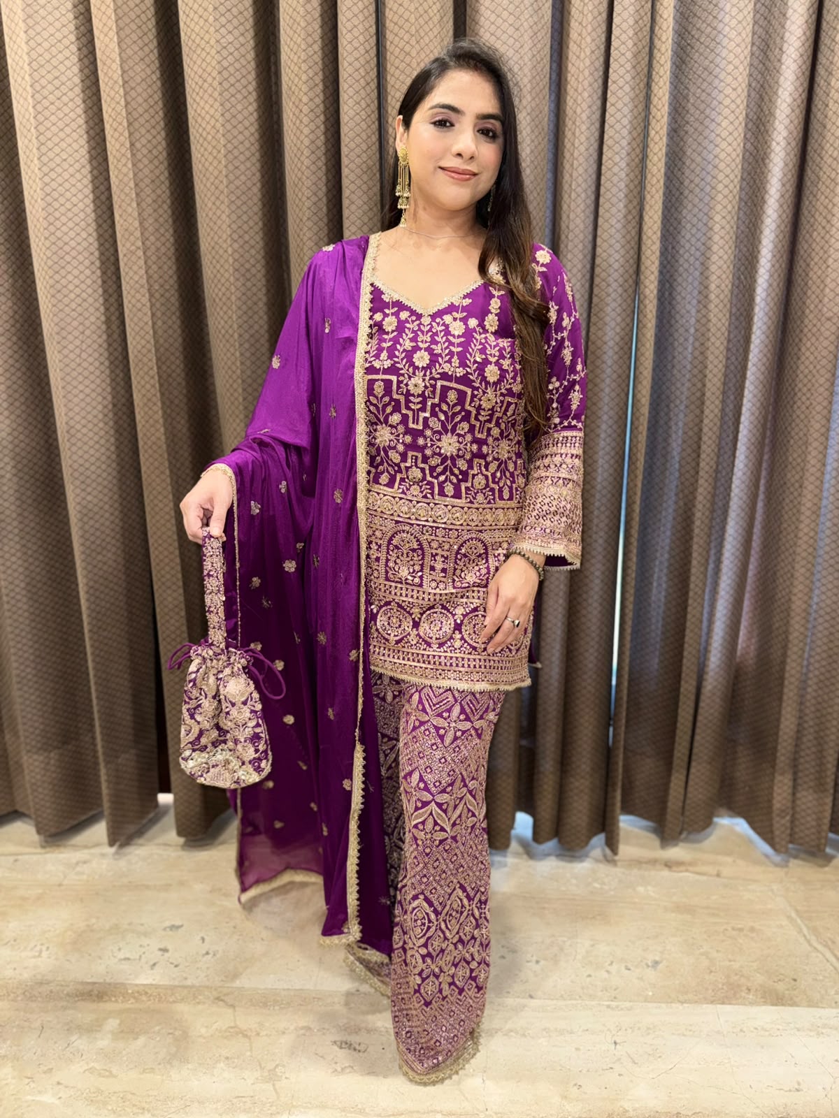 Purple Designer handwork Plazoo set with dupatta & Potli