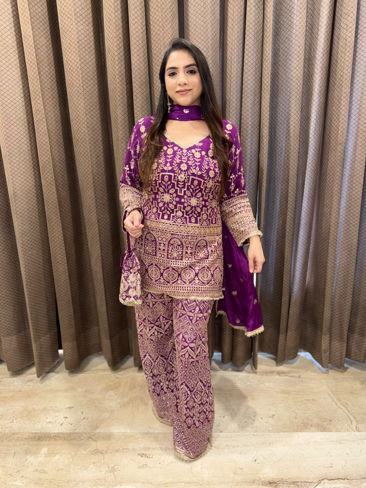 Purple Designer handwork Plazoo set with dupatta & Potli