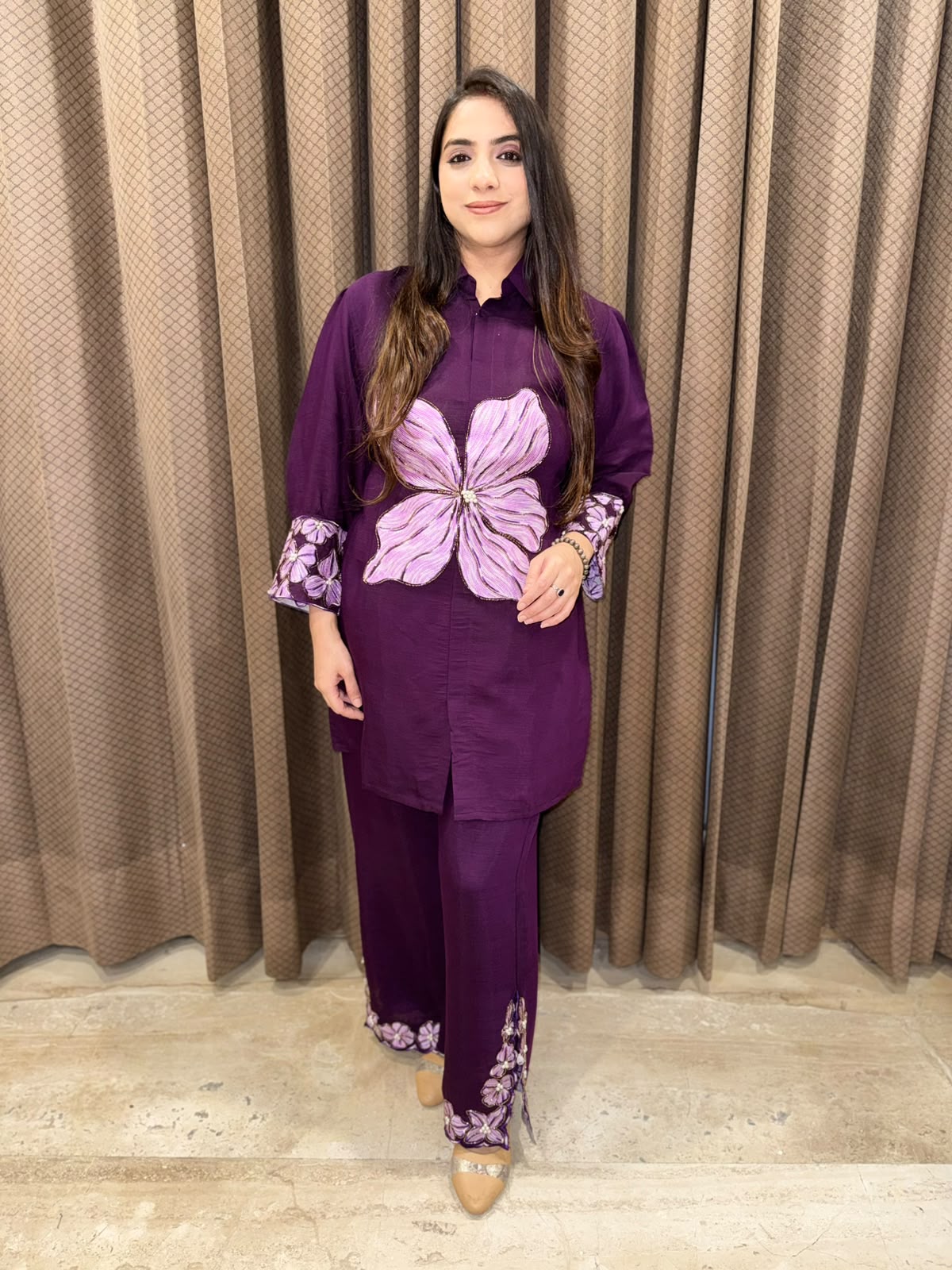 Purple Designer Co-ord set with Applique flower & handwork