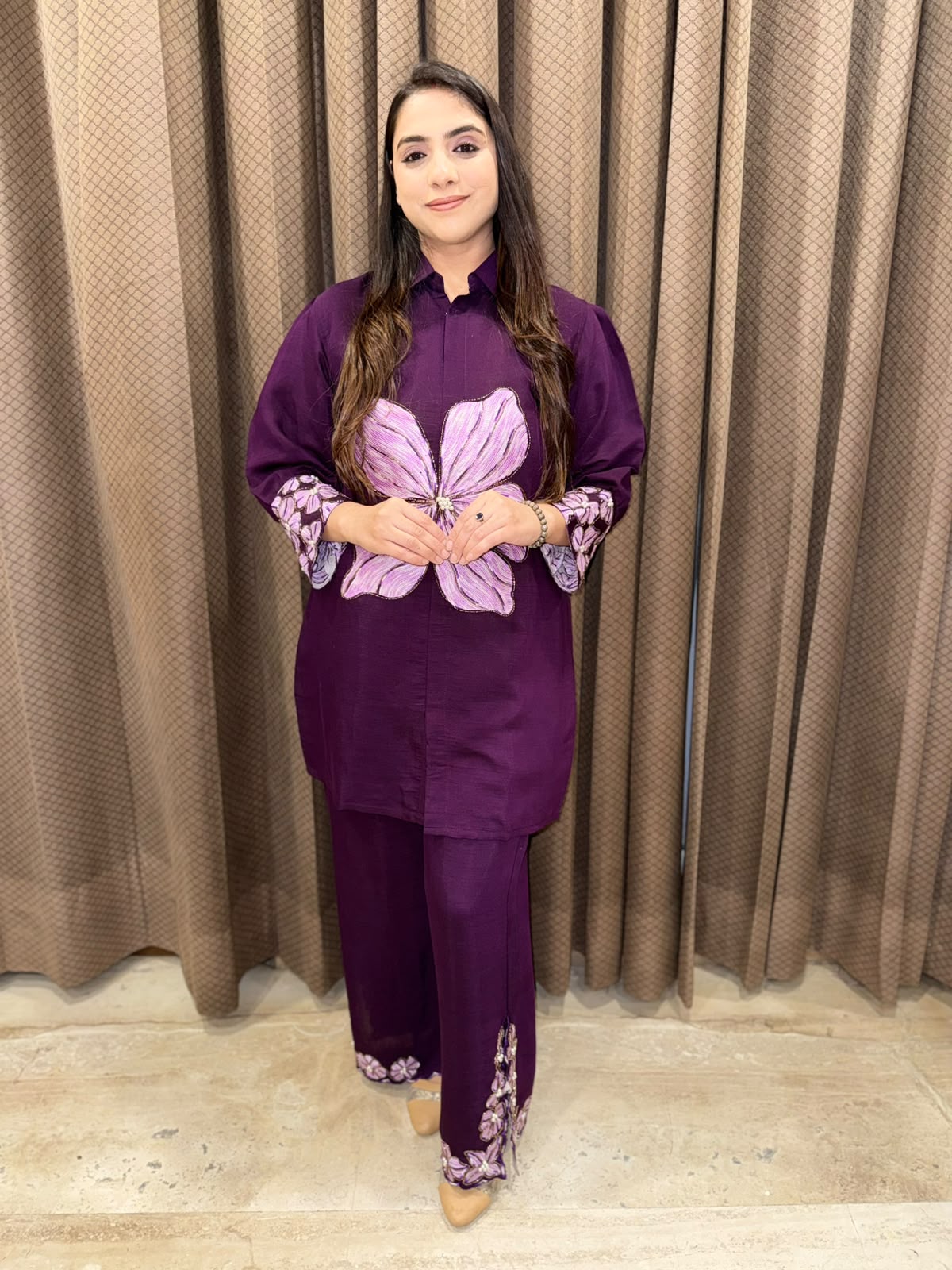 Purple Designer Co-ord set with Applique flower & handwork
