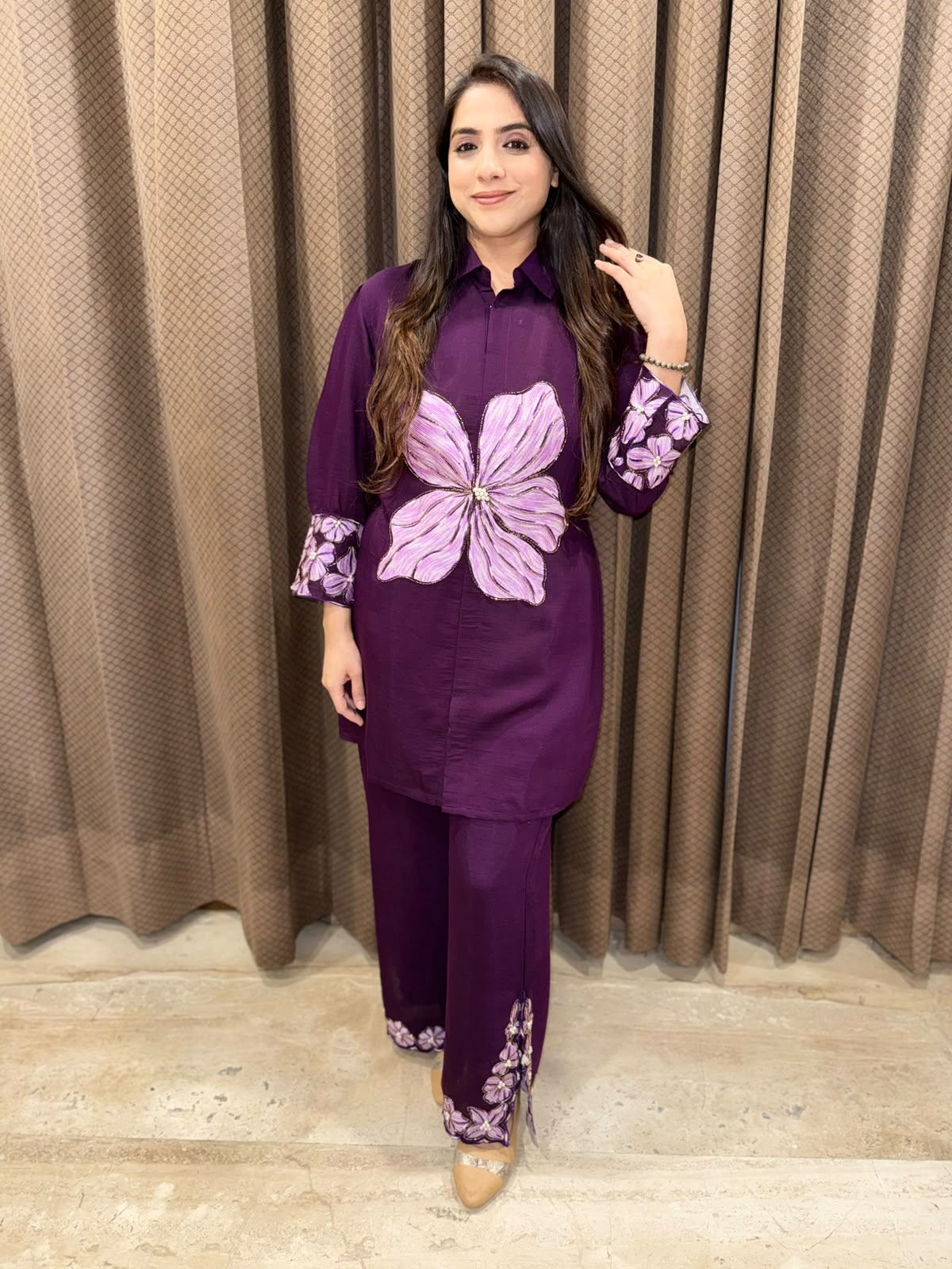 Purple Designer Co-ord set with Applique flower & handwork