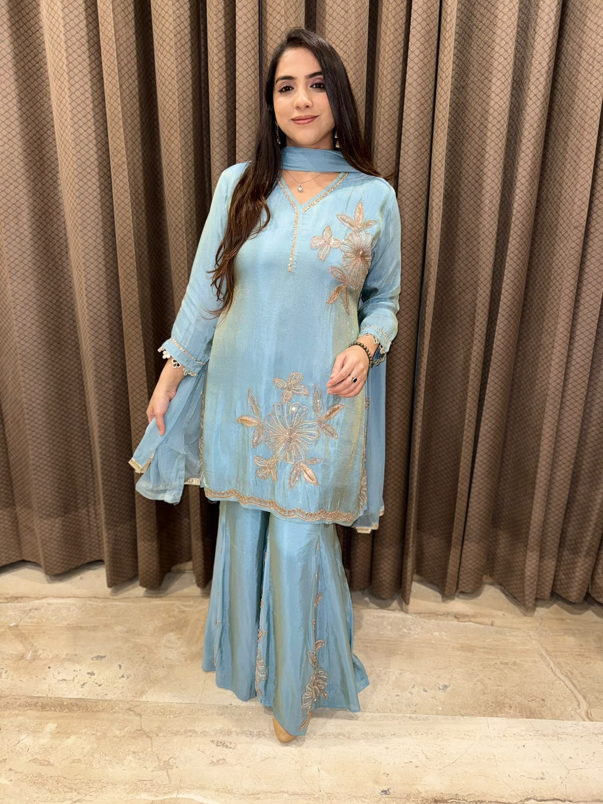 Blue Designer Sharara set with Cut dana handwork