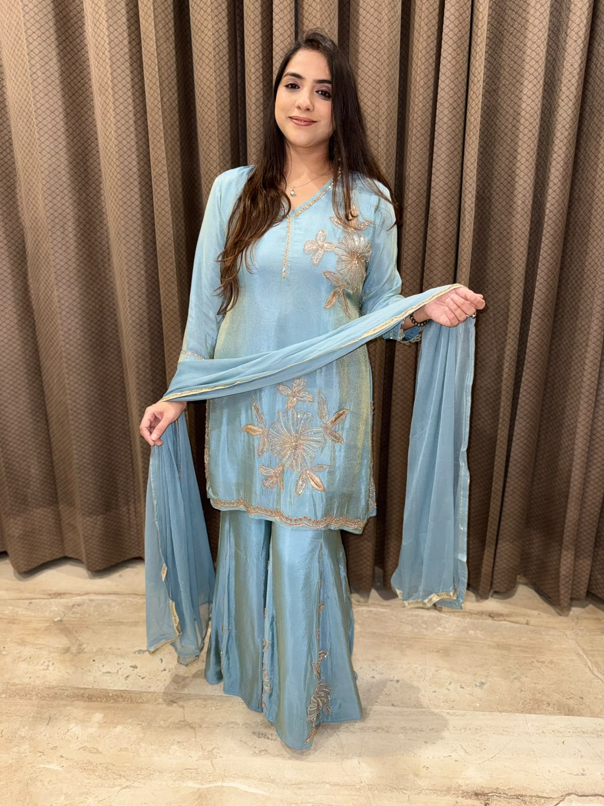 Blue Designer Sharara set with Cut dana handwork