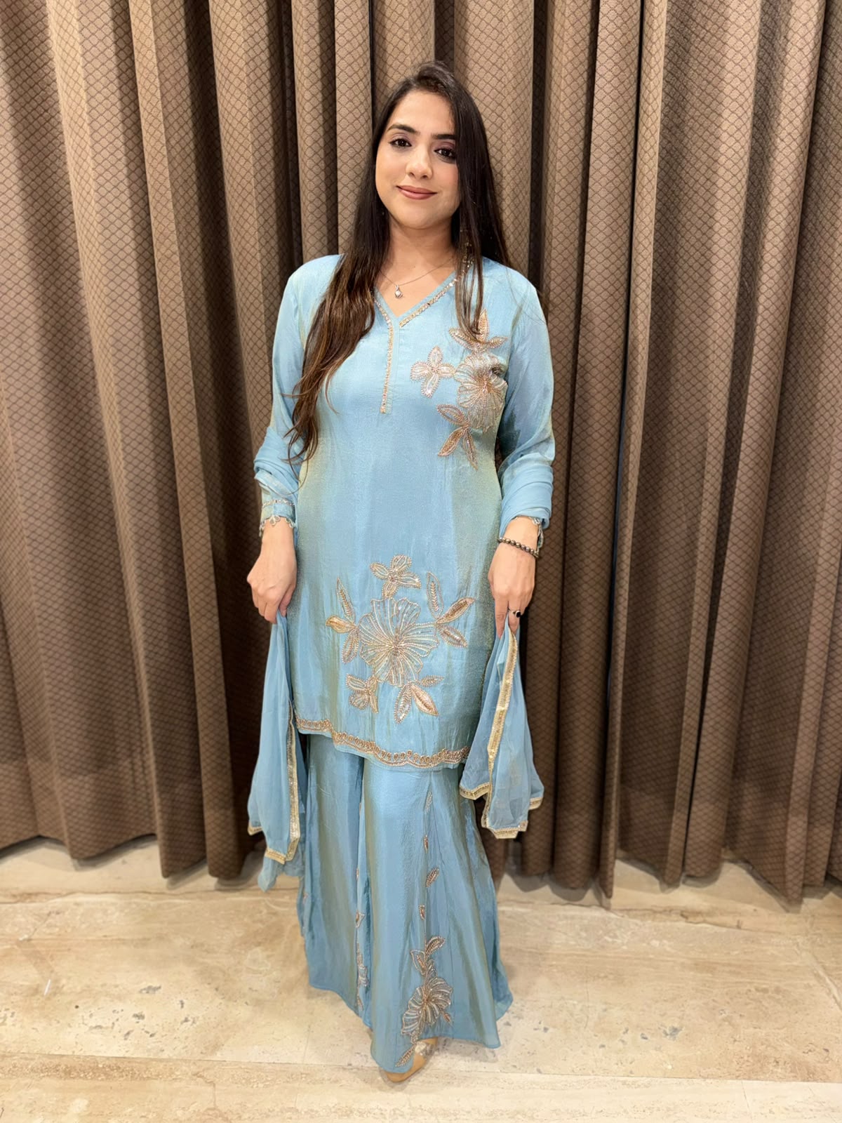 Blue Designer Sharara set with Cut dana handwork